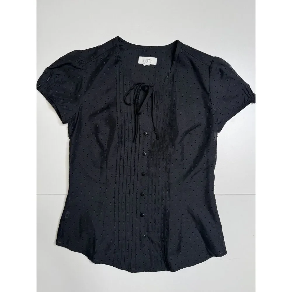 LOFT Black Swiss Dot Blouse Tie Neck Pintuck Button Front Puff Sleeve Womens Top